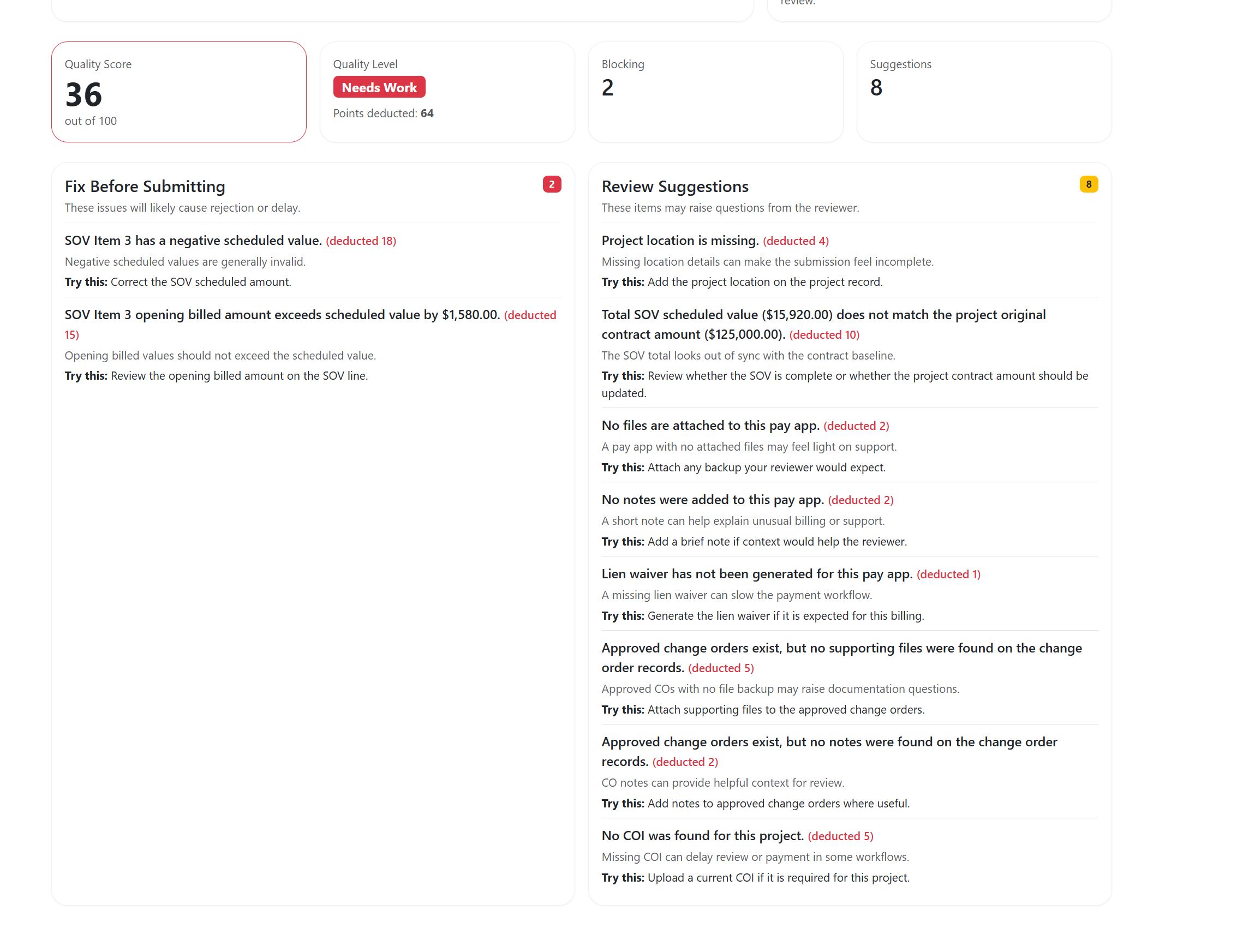 PayAppPro AI Quality Check showing quality score, blocking issues, suggestions, and recommended fixes