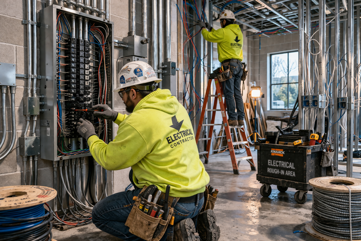 Commercial electrical installation with panels, conduit, and wiring across multiple areas
