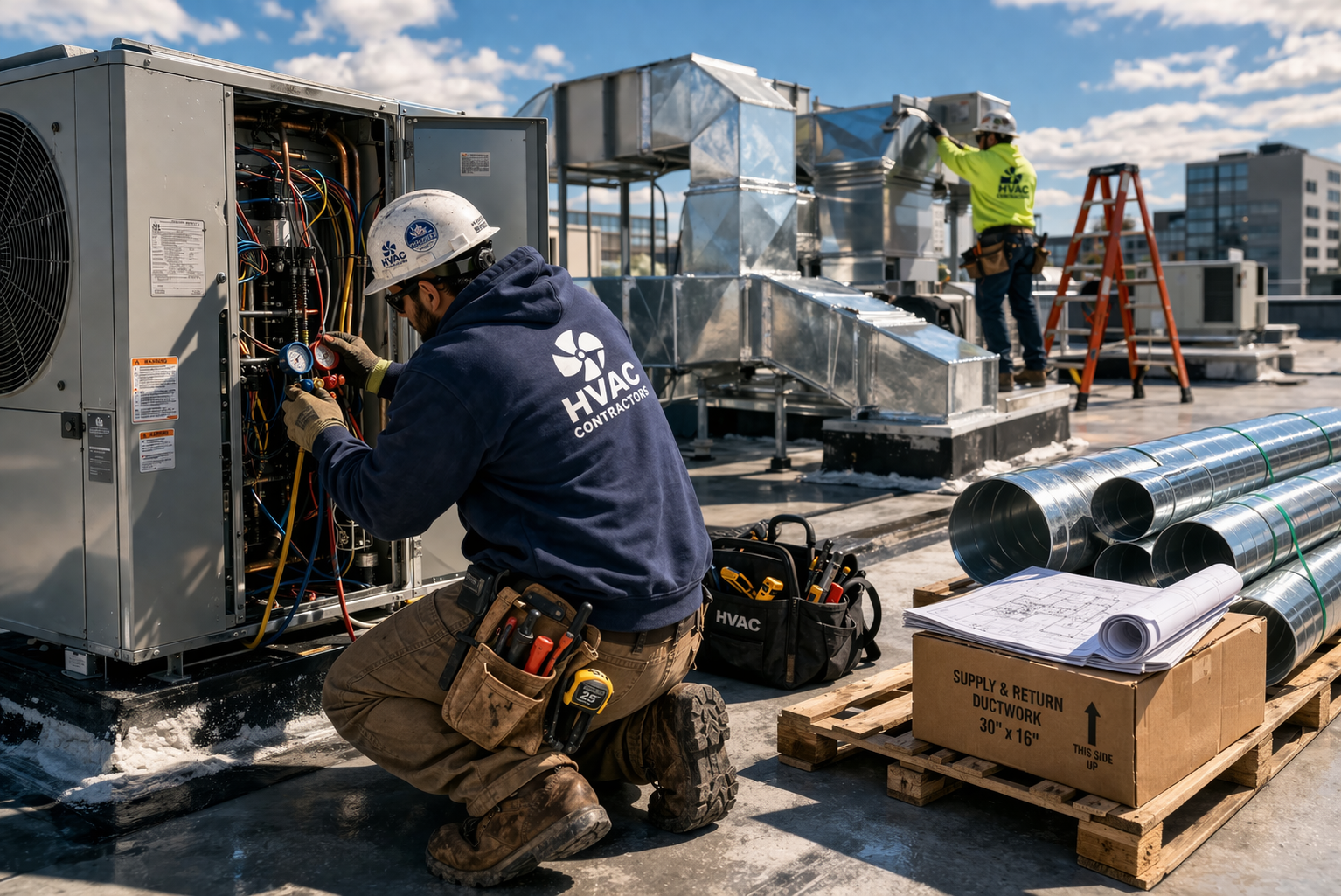 Commercial HVAC installation with rooftop units, ductwork, and technicians working on equipment and controls