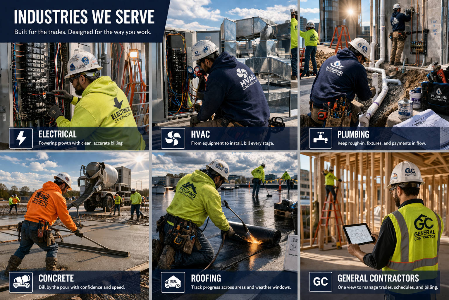 Construction industry collage featuring electrical, HVAC, plumbing, concrete, roofing, and general contractor work
