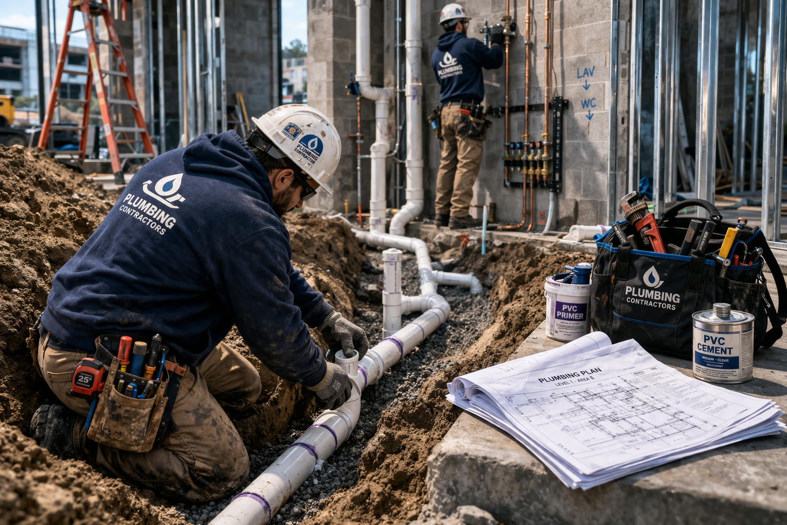 Commercial plumbing installation with underground piping, rough-in work, and technicians installing pipe systems