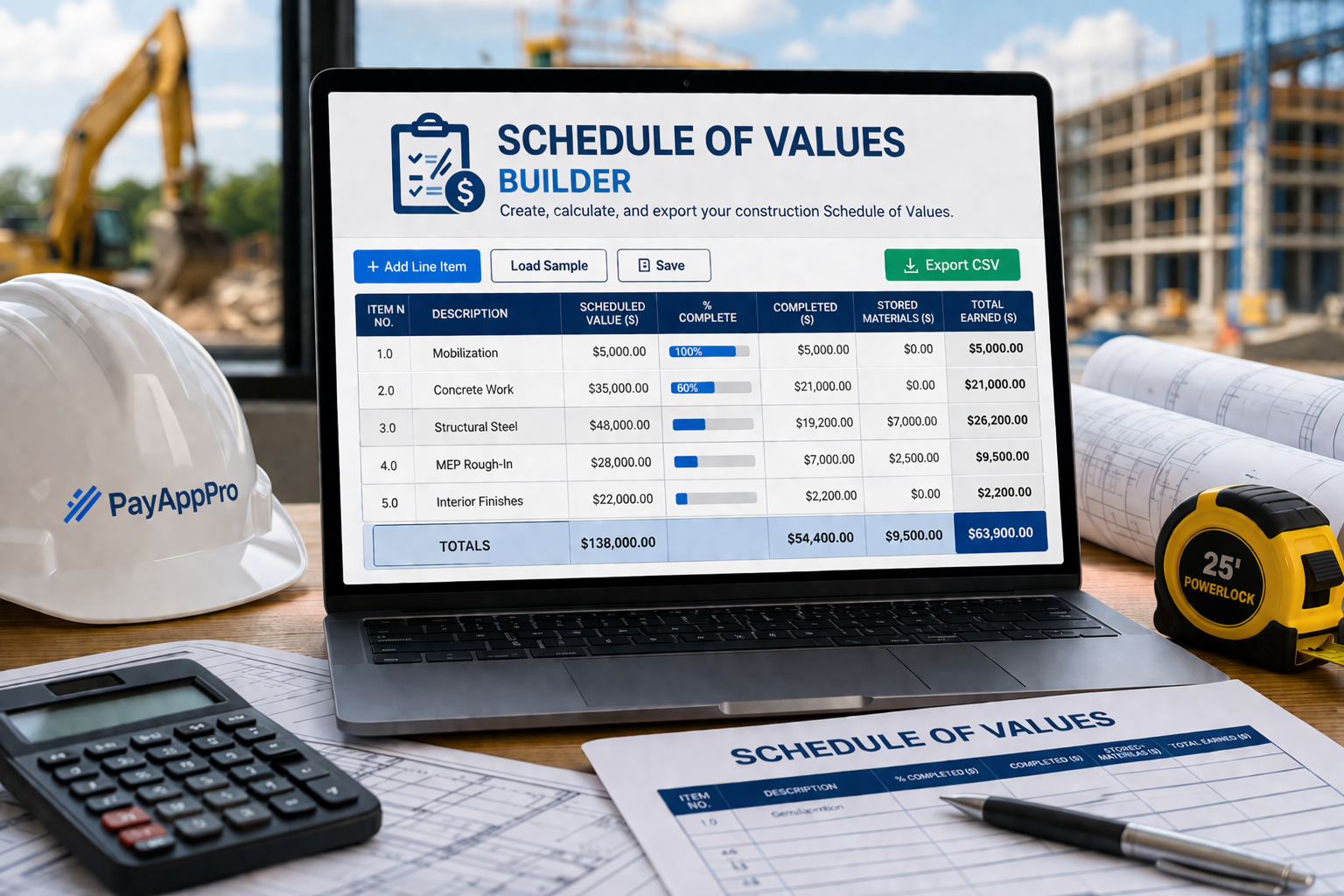 Construction schedule of values builder showing line items scheduled values percent complete and totals